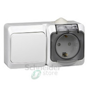 ЭТЮД Блок Выключатель двухклавишный/Розетка наружная с заземлением со шторками IP44 белый (BPA16-242B)