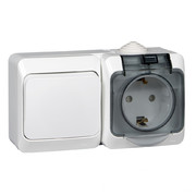 ЭТЮД Блок Выключатель одноклавишный/Розетка наружная с заземлением со шторками IP44 серый (BPA16-241C)